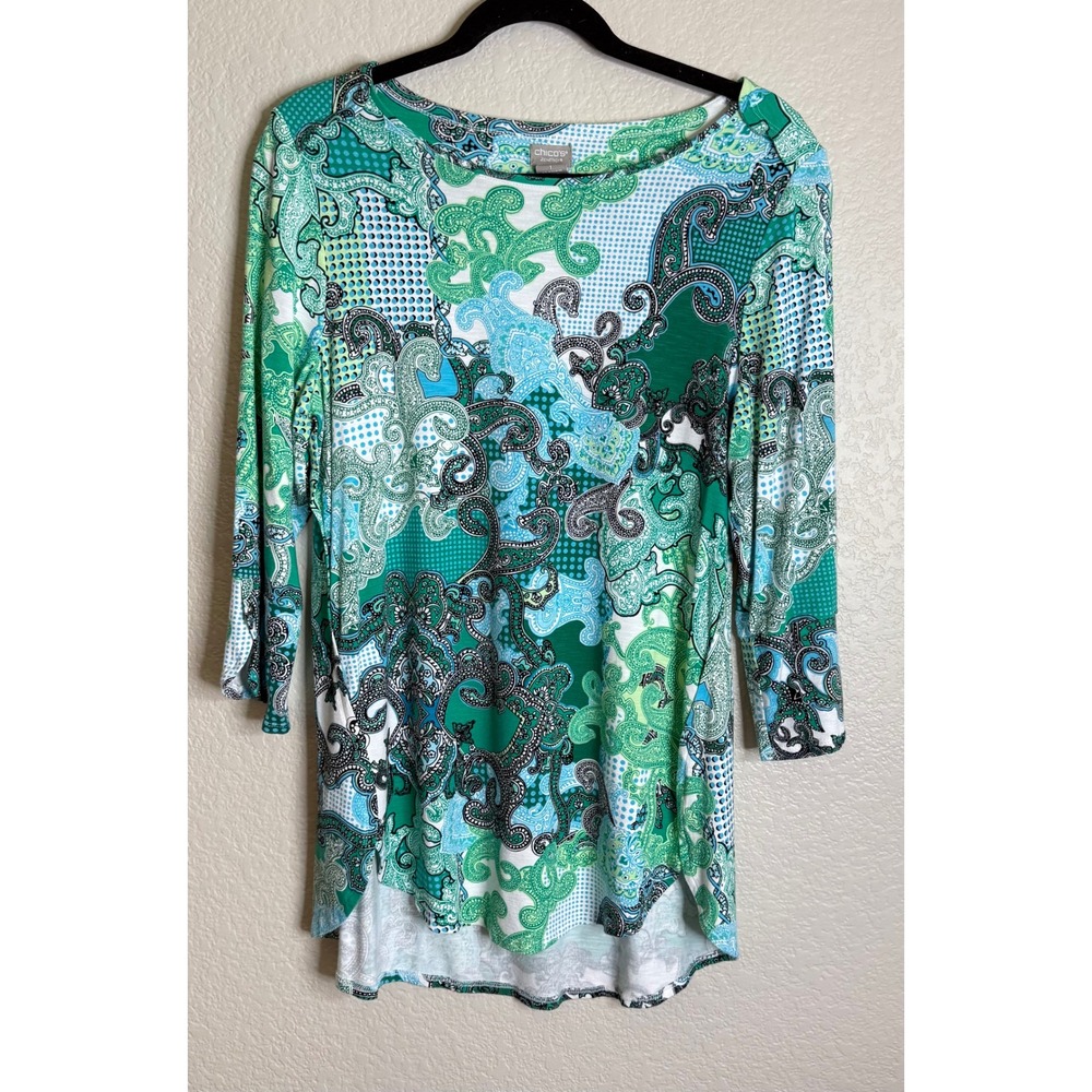 Chicos Zenergy Womens 1 US Med Green Paisley 3/4 Sleeve Blouse Top‎ Chic Stretch